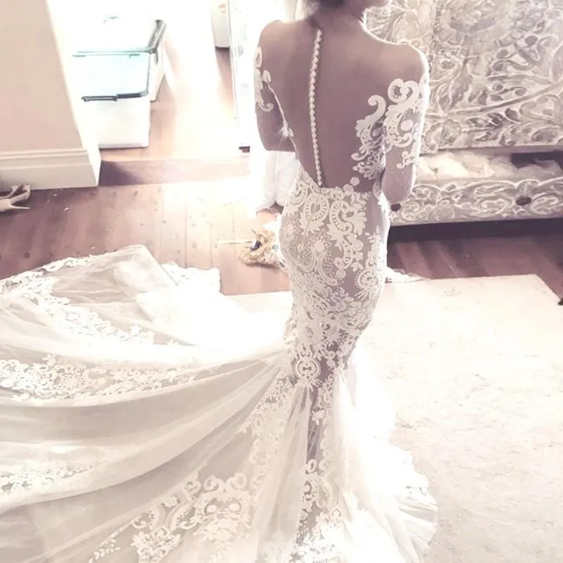 Charming New Arrival Lace Long Sleeves Pretty Fashion Mermaid Popular Wedding Dress, PD0377
