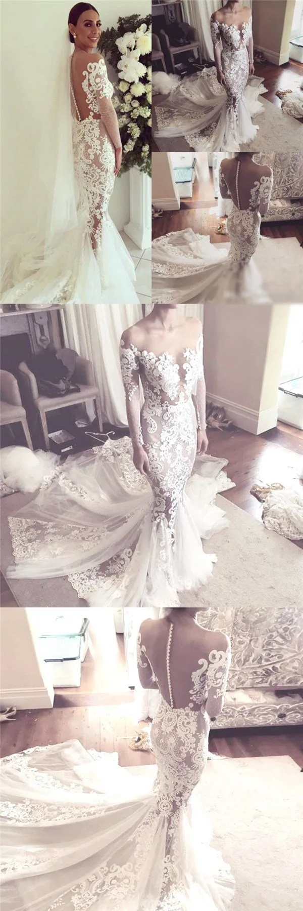 Charming New Arrival Lace Long Sleeves Pretty Fashion Mermaid Popular Wedding Dress, PD0377