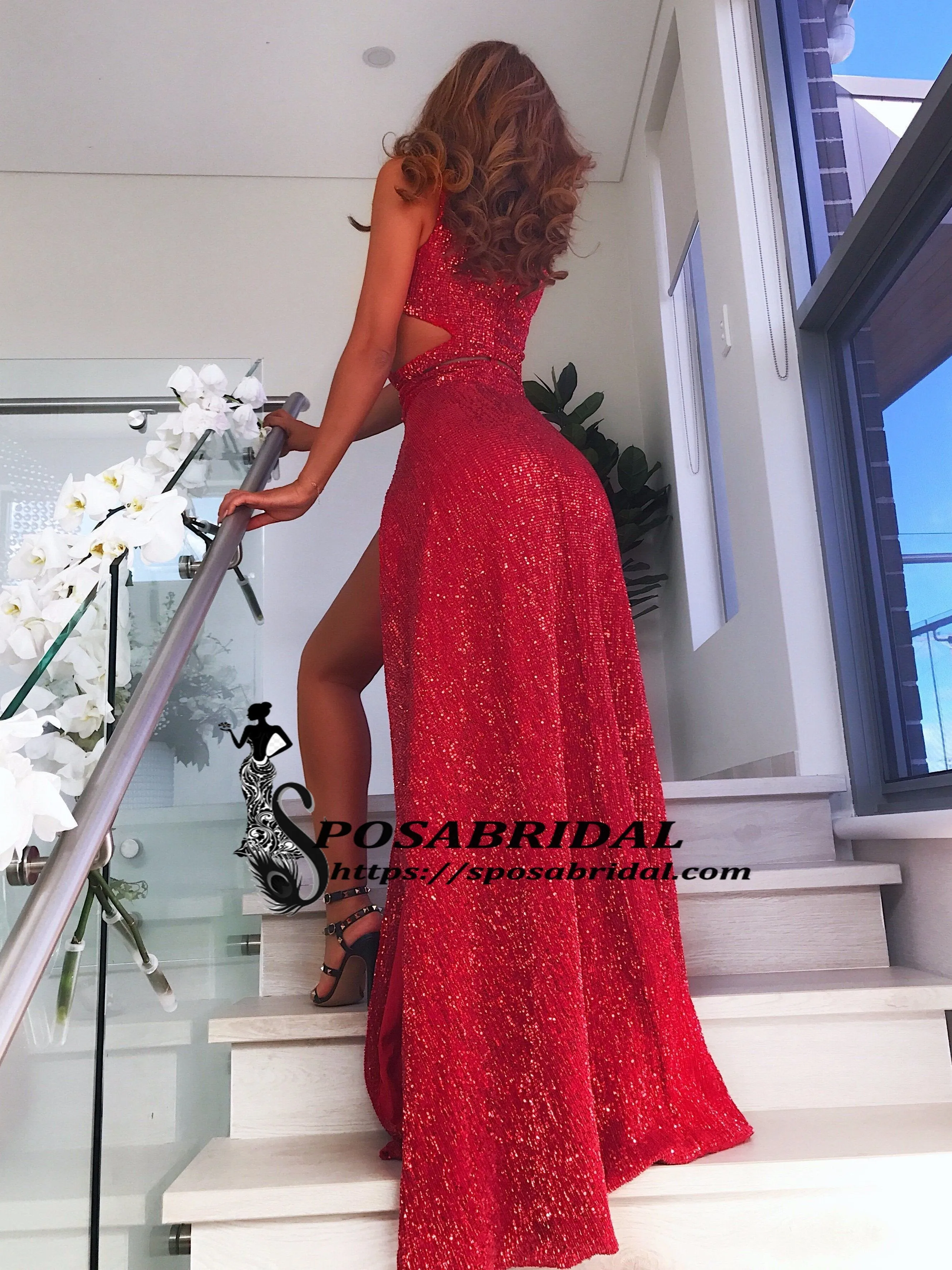 Charming Sexy Sequin Sparkly Simple Red and Black Split Fashion Popular Prom Dresses, Evening dresses, PD0778