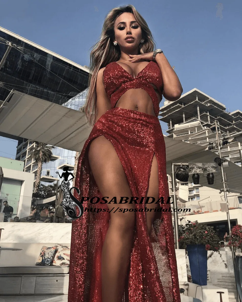 Charming Sexy Sequin Sparkly Simple Red and Black Split Fashion Popular Prom Dresses, Evening dresses, PD0778