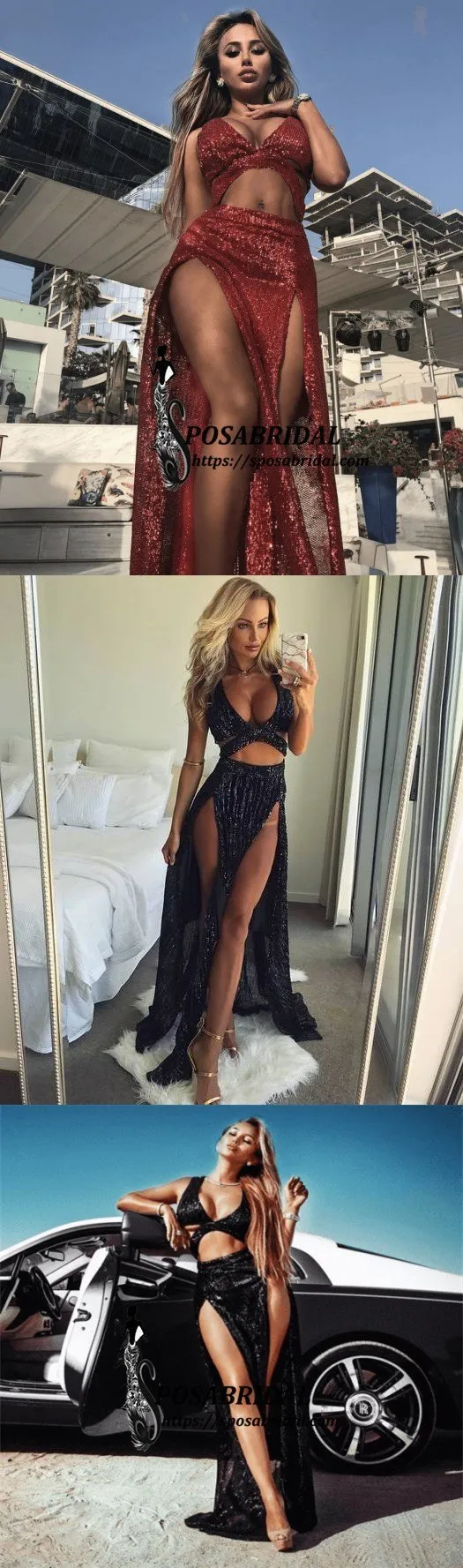 Charming Sexy Sequin Sparkly Simple Red and Black Split Fashion Popular Prom Dresses, Evening dresses, PD0778
