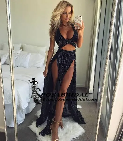 Charming Sexy Sequin Sparkly Simple Red and Black Split Fashion Popular Prom Dresses, Evening dresses, PD0778