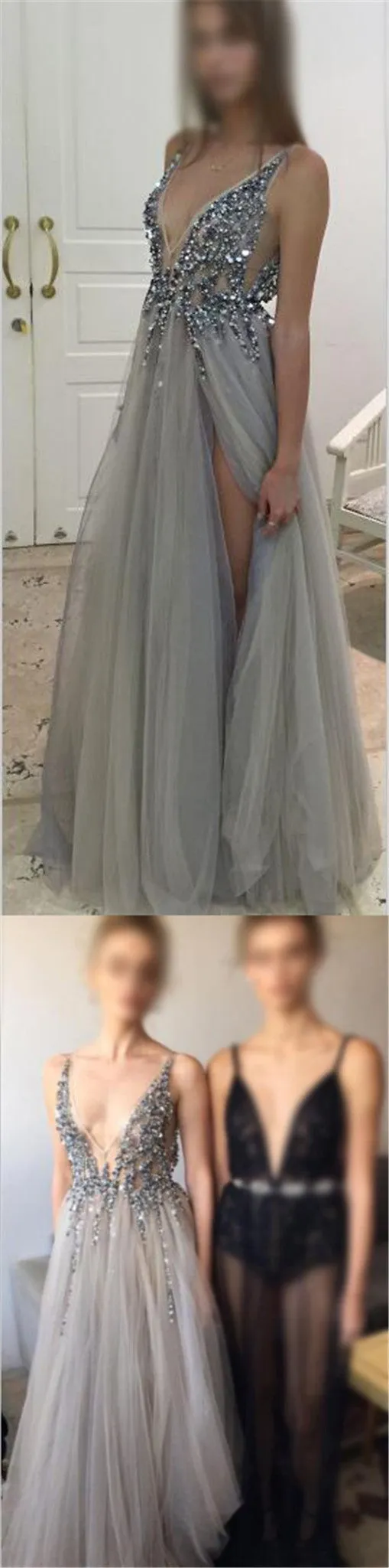 Deep V-Neck Side Split Sexy Evening Long Prom Dresses, BG51222