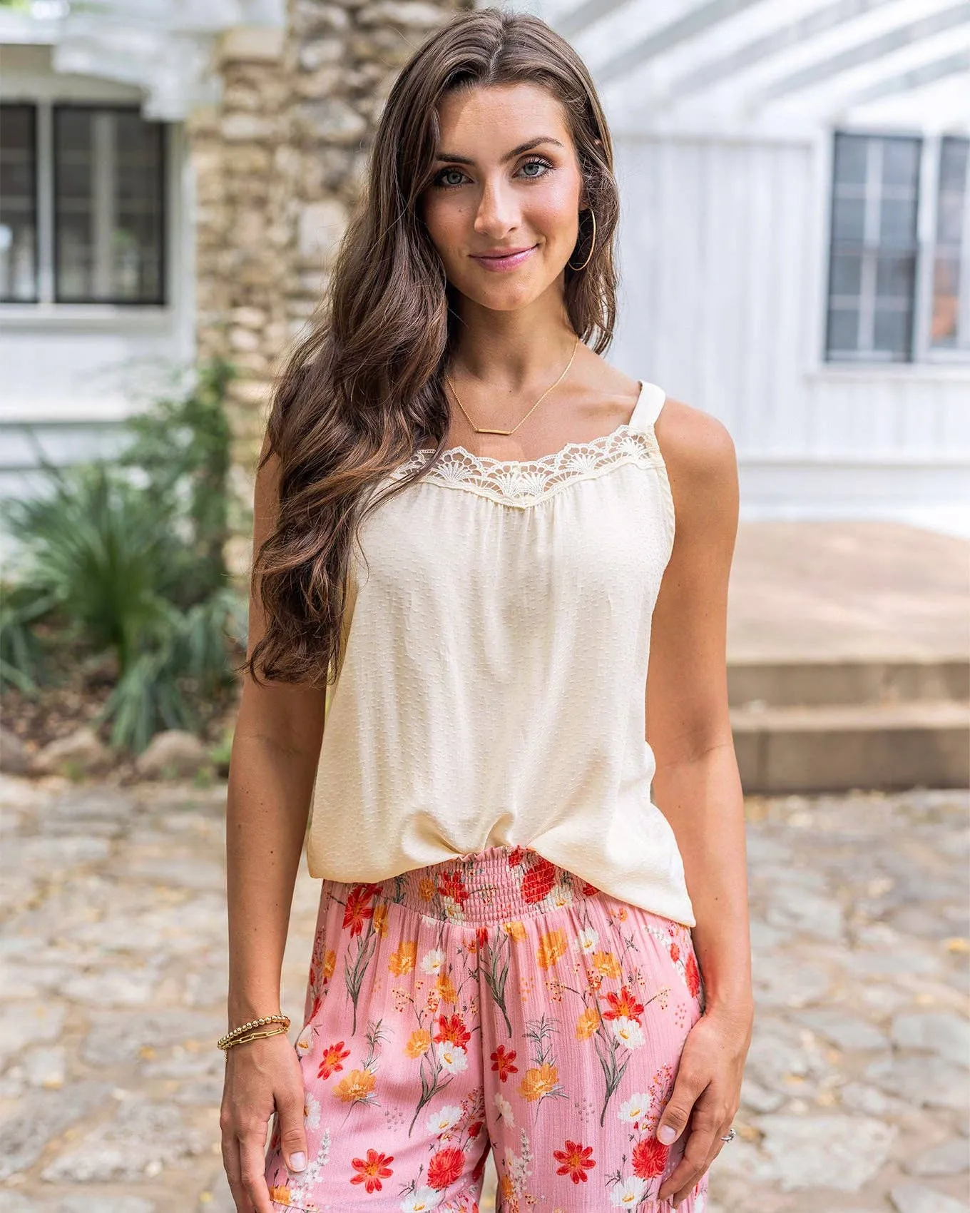 Dobby Dot Lace Trim Cami in Vintage Cream