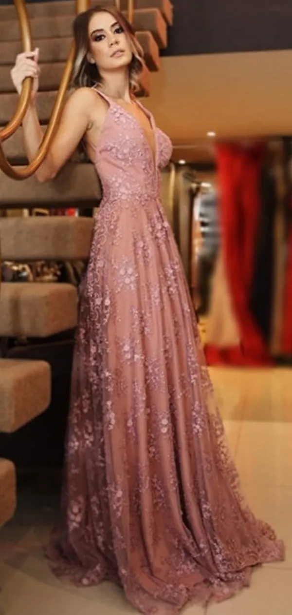 Dusty Rose Lace Sexy Backless Spaghetti Strap A-line Party Prom Dresses, PD00150