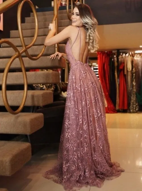 Dusty Rose Lace Sexy Backless Spaghetti Strap A-line Party Prom Dresses, PD00150