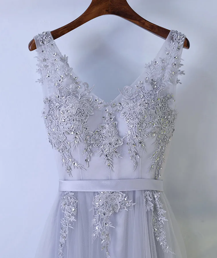 Elegant V Neck Formal Tulle Applique Popular Long Prom Dresses, BGP018