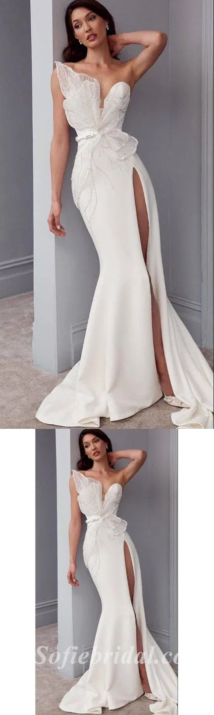 Elegant White Satin Sweetheart Sleeveless Side Slit Mermaid Long Prom Dresses With Belt,SFPD0430