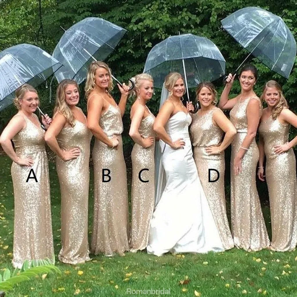 Floor-length Spaghetti Straps V-neck Gold Sequins Long Bridesmaid Dresses, BD0526