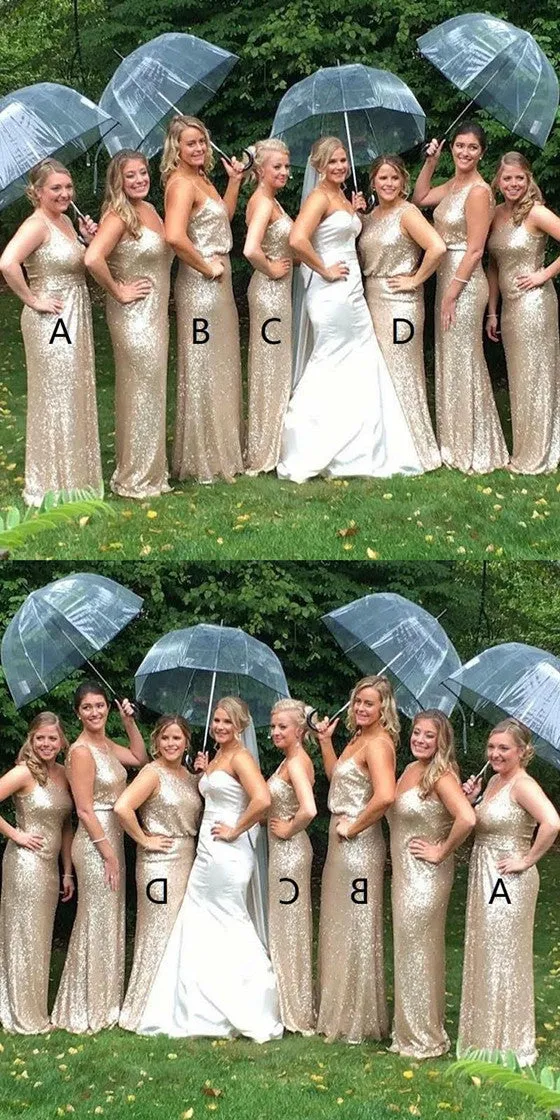 Floor-length Spaghetti Straps V-neck Gold Sequins Long Bridesmaid Dresses, BD0526