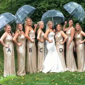 Floor-length Spaghetti Straps V-neck Gold Sequins Long Bridesmaid Dresses, BD0526