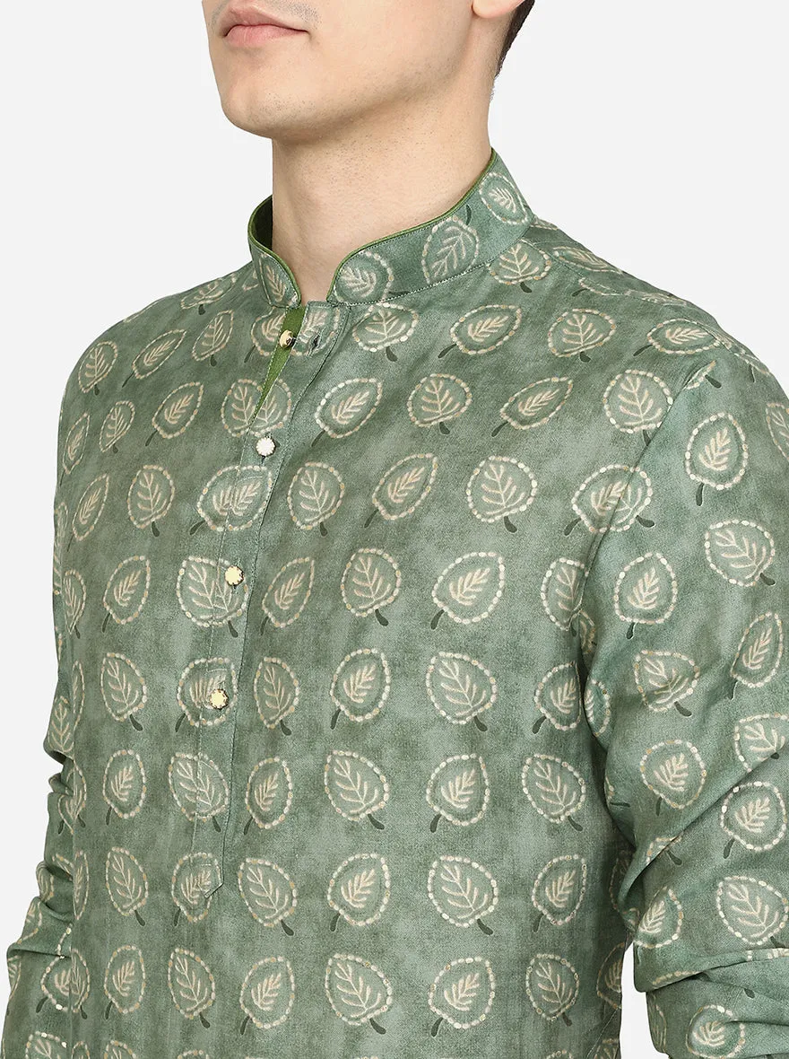 Forest Green Printed Cotton Blend Kurta | The Kurta Company