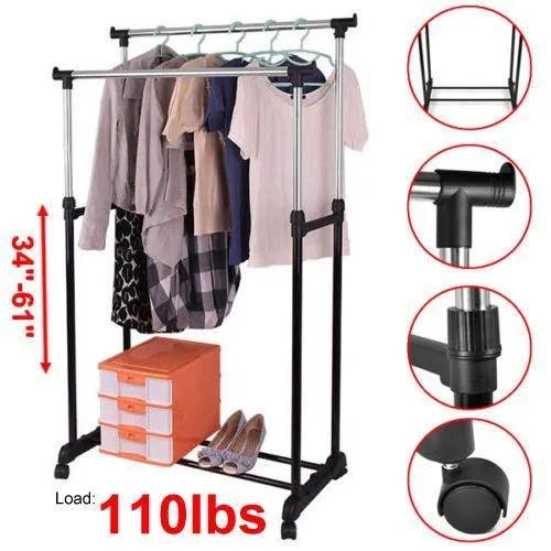 Generic O-8-O-1346-O EAVY DU GARMENT RACK NT RACK HANGER ROLLING LLING G DOUBLE ADJUSTABLE ES HANG HEAVY DUTY RAIL PORTABL PORTABLE CLOTHES HX-US5-16Mar28-43