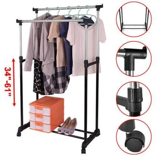 Generic O-8-O-1346-O EAVY DU GARMENT RACK NT RACK HANGER ROLLING LLING G DOUBLE ADJUSTABLE ES HANG HEAVY DUTY RAIL PORTABL PORTABLE CLOTHES HX-US5-16Mar28-43