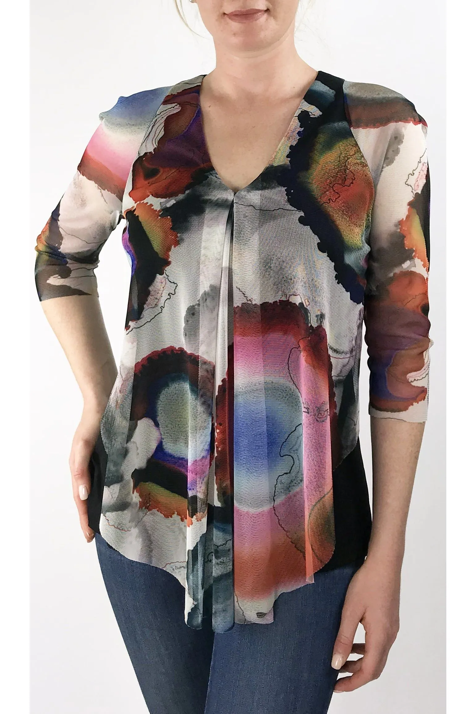 GEO V-Neck 3/4 Sleeves Print Mesh Top with Flyaway