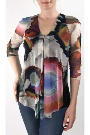 GEO V-Neck 3/4 Sleeves Print Mesh Top with Flyaway