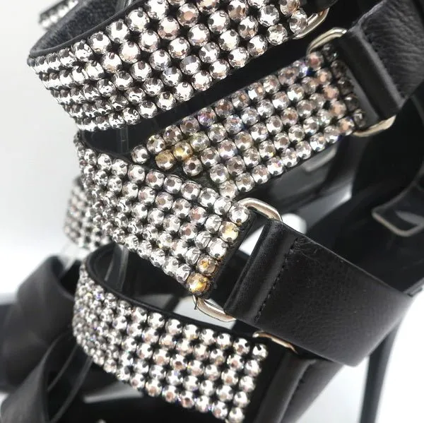 Giuseppe Zanotti Crystal-Embellished Crisscross Sandals Black Leather Size 38