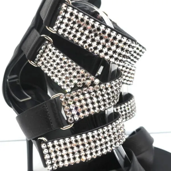 Giuseppe Zanotti Crystal-Embellished Crisscross Sandals Black Leather Size 38