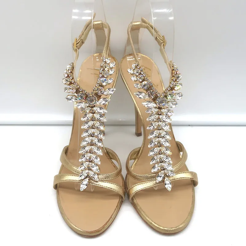 Giuseppe Zanotti Crystal-Embellished Sandals Gold Metallic Leather Size 37