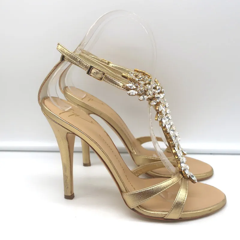 Giuseppe Zanotti Crystal-Embellished Sandals Gold Metallic Leather Size 37