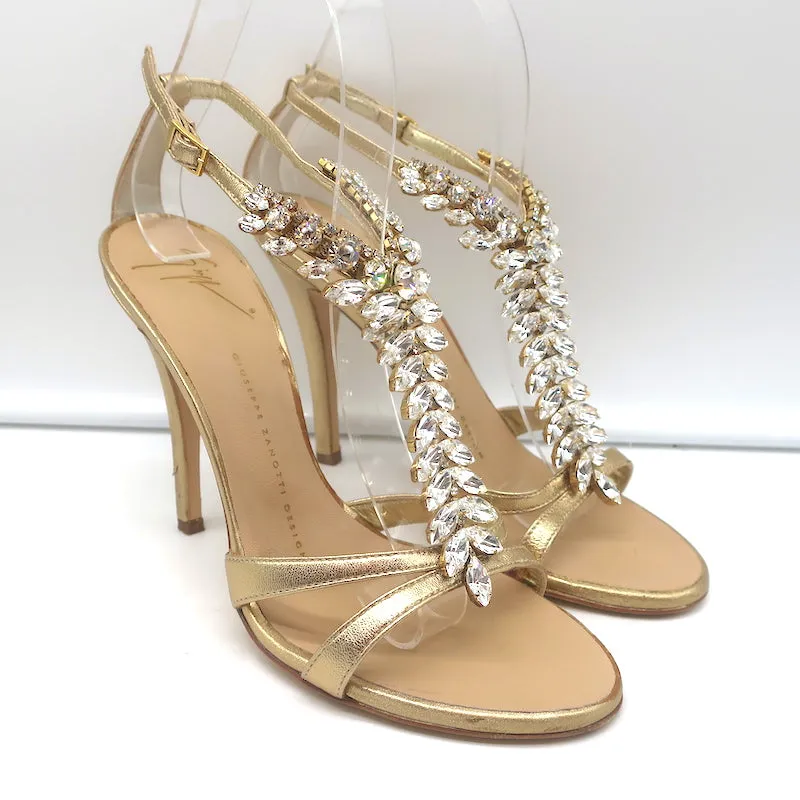 Giuseppe Zanotti Crystal-Embellished Sandals Gold Metallic Leather Size 37