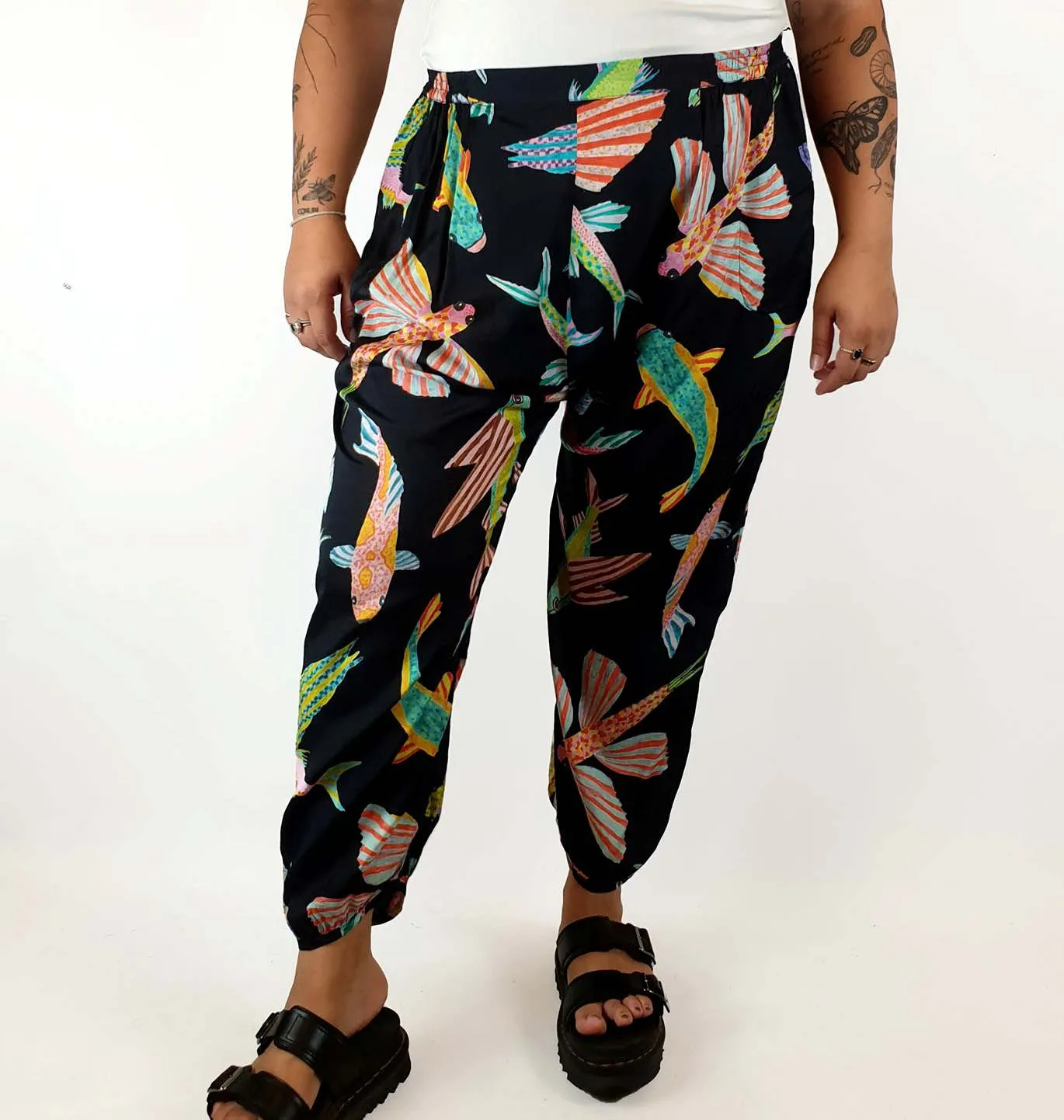 Gorman fish print silk drop crotch pants size 14