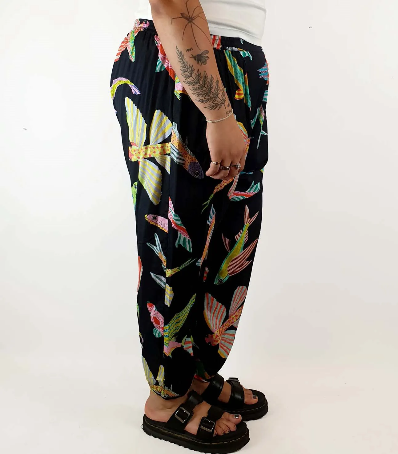 Gorman fish print silk drop crotch pants size 14