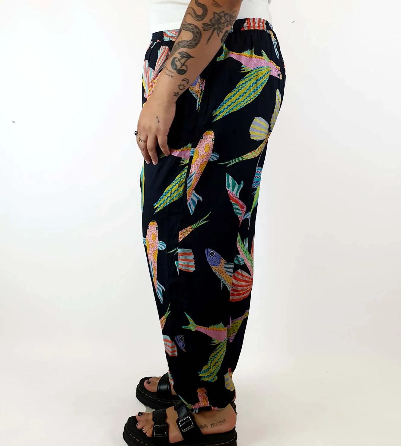 Gorman fish print silk drop crotch pants size 14