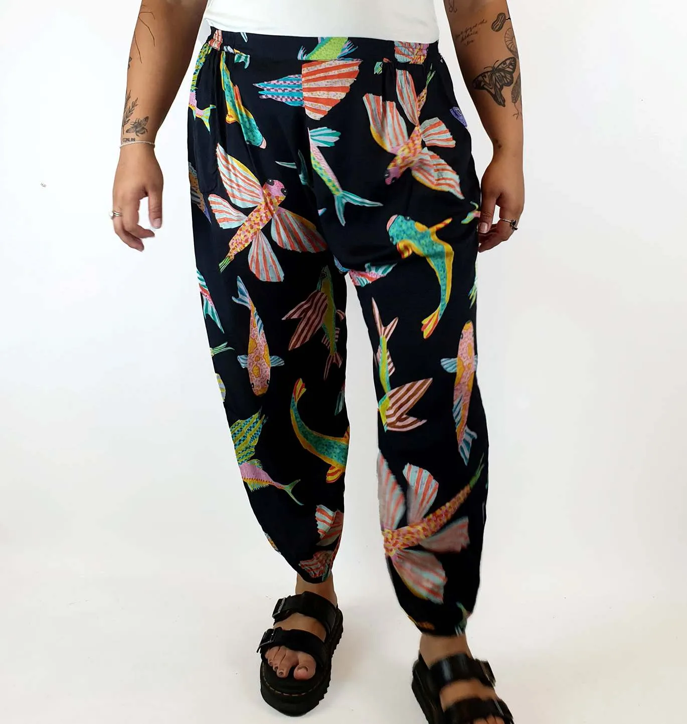 Gorman fish print silk drop crotch pants size 14
