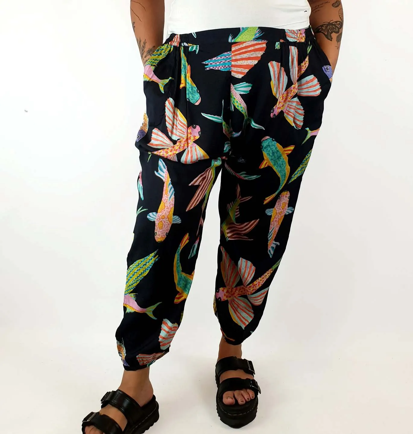 Gorman fish print silk drop crotch pants size 14