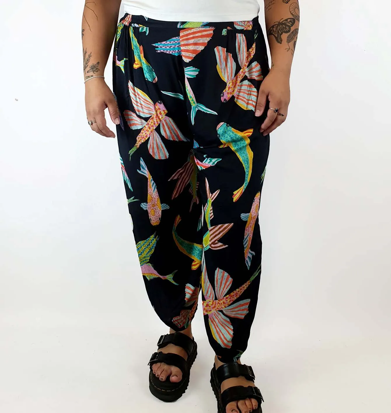 Gorman fish print silk drop crotch pants size 14
