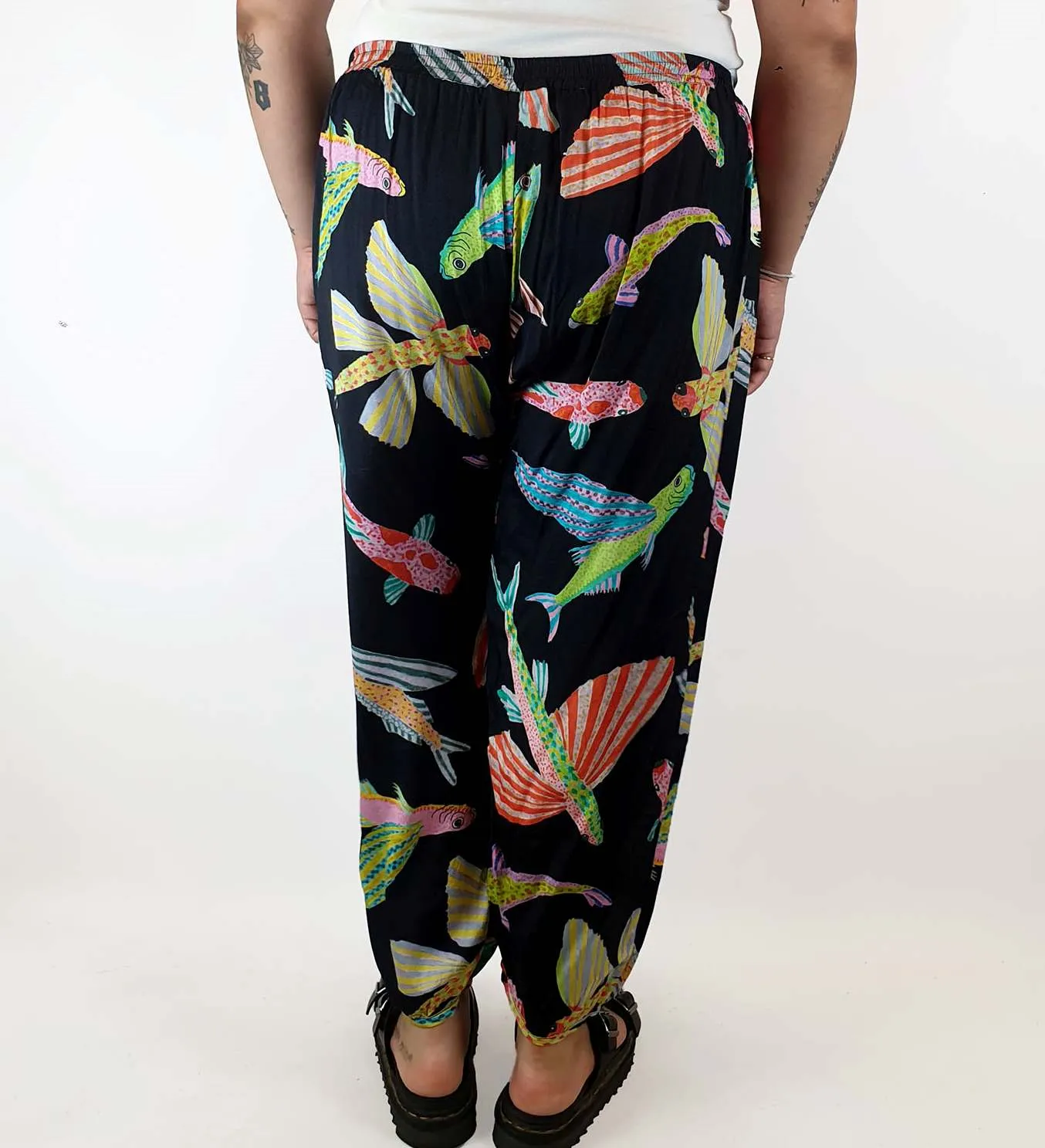 Gorman fish print silk drop crotch pants size 14