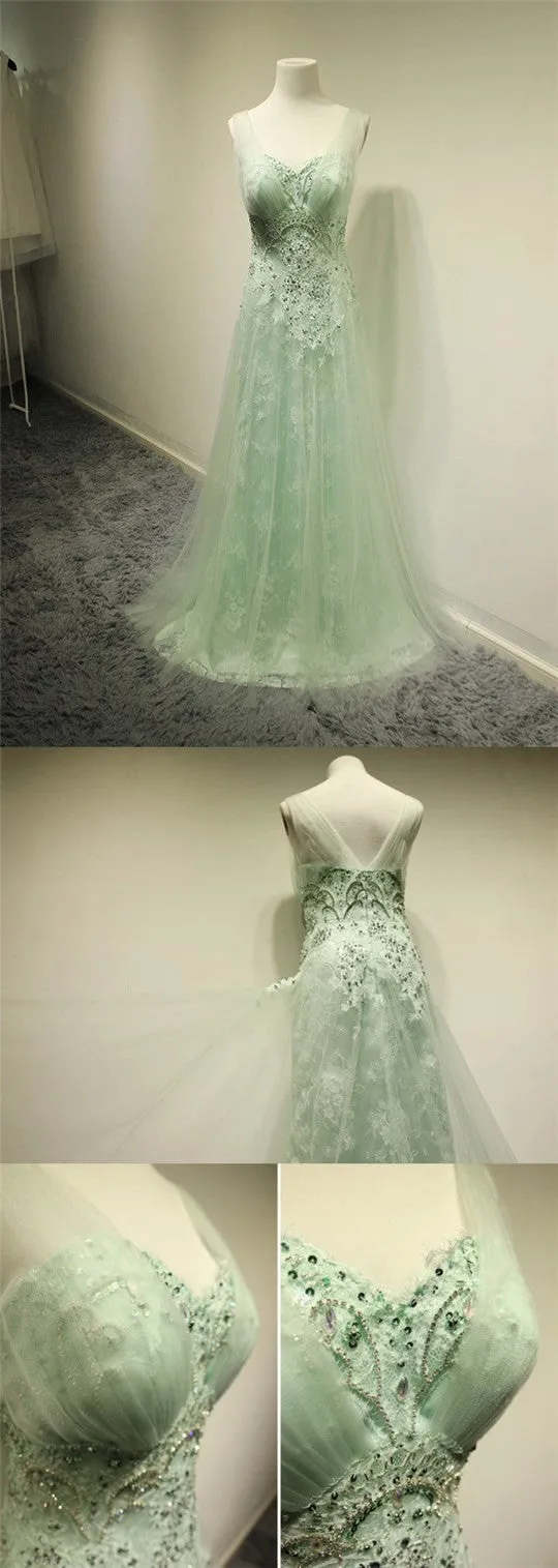 Green A line Cheap Evening Long Lace Prom Dress, BG51224