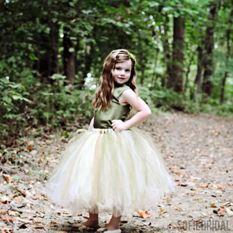 Green Satin Top Tulle Flower Girl Dresses, Cheap Popular Pixie Tutu Dresses,  FG023