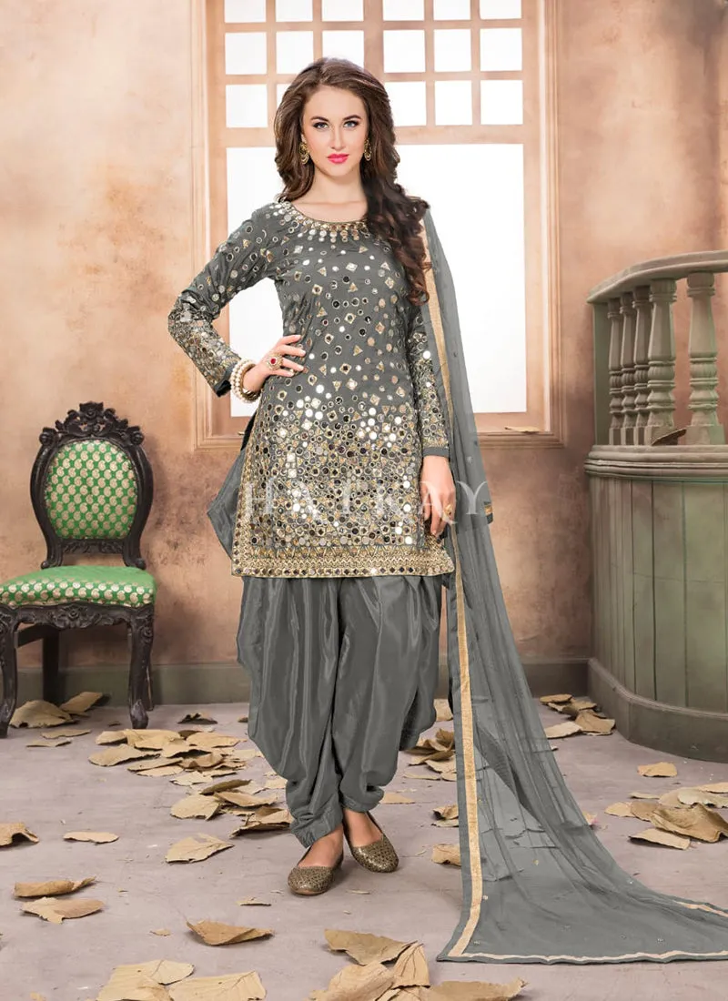 Grey Mirror Work Punjabi Suit