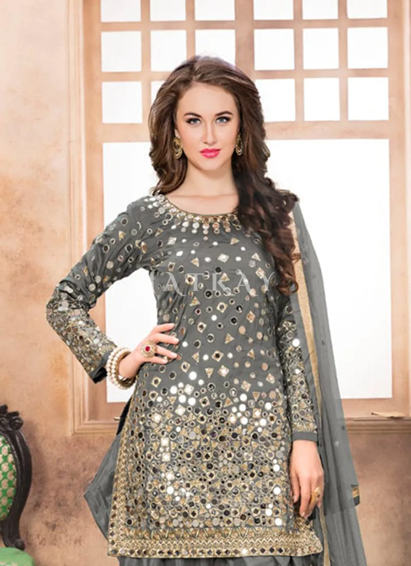 Grey Mirror Work Punjabi Suit