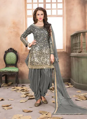 Grey Mirror Work Punjabi Suit