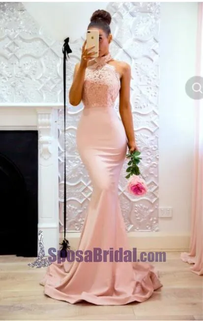 Halter Lace Modest Mermaid Popular Bridesmaid Dresses with train, PD0673