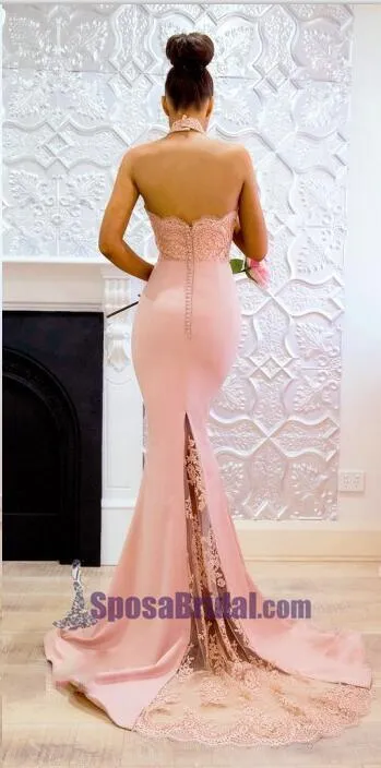 Halter Lace Modest Mermaid Popular Bridesmaid Dresses with train, PD0673
