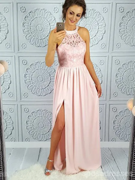 Halter Pink Lace Side Slit Long Evening Prom Dresses, 17672