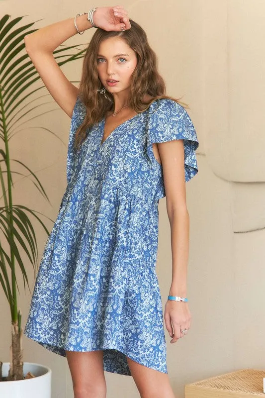 Hazel Blues® |  ADORA Printed V-Neck Ruffle Sleeve Mini Dress