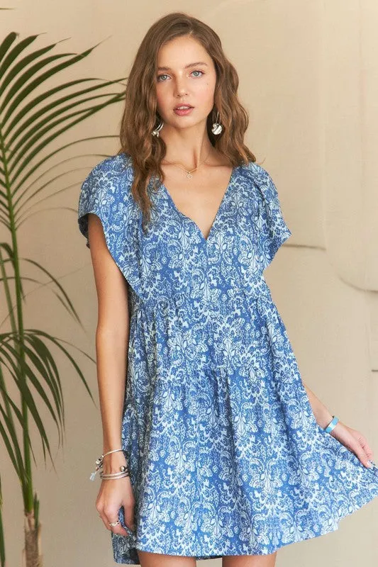 Hazel Blues® |  ADORA Printed V-Neck Ruffle Sleeve Mini Dress