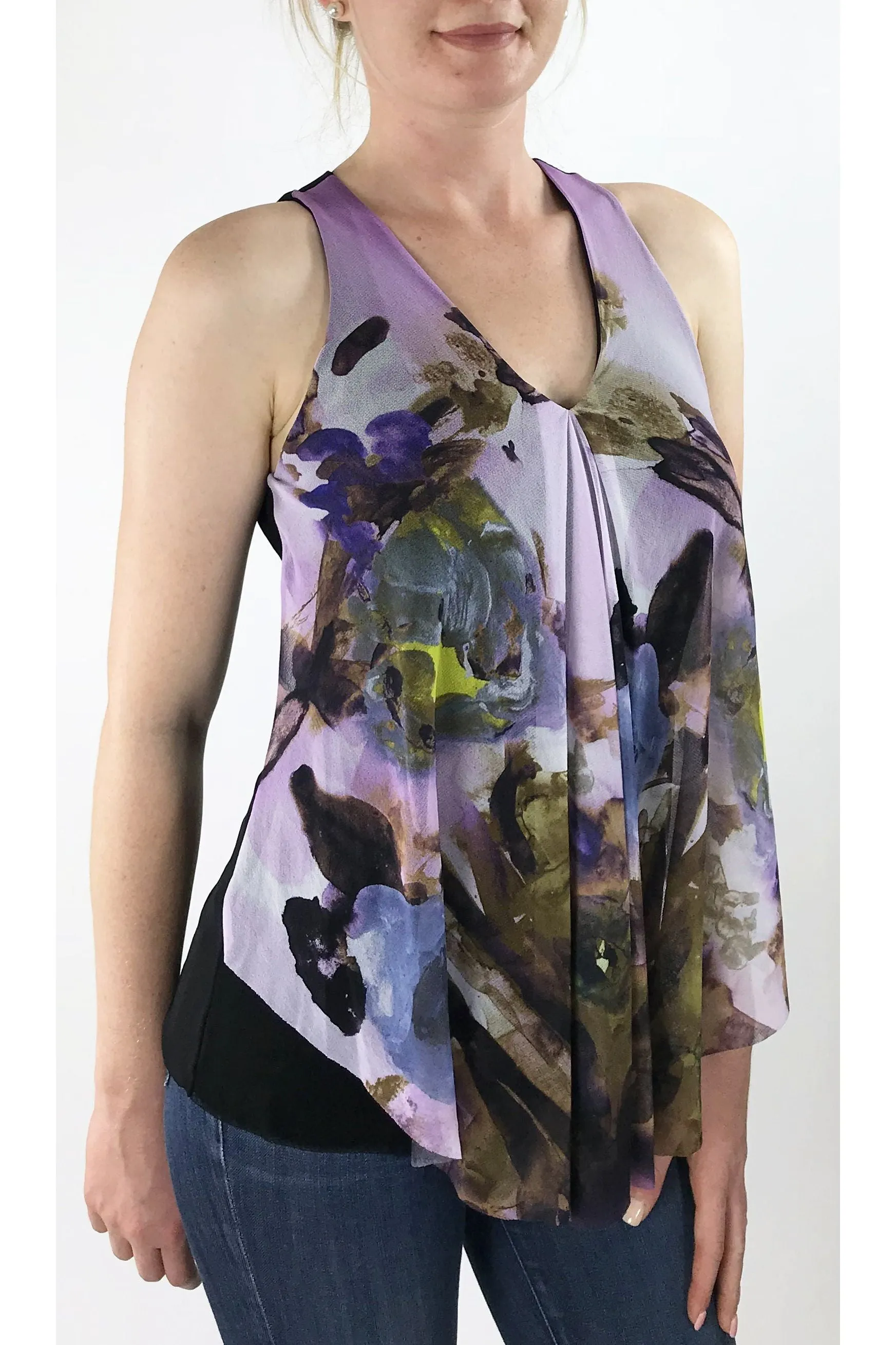 HOPE Sleeveless V-Neck Print Mesh Top with Flyaway