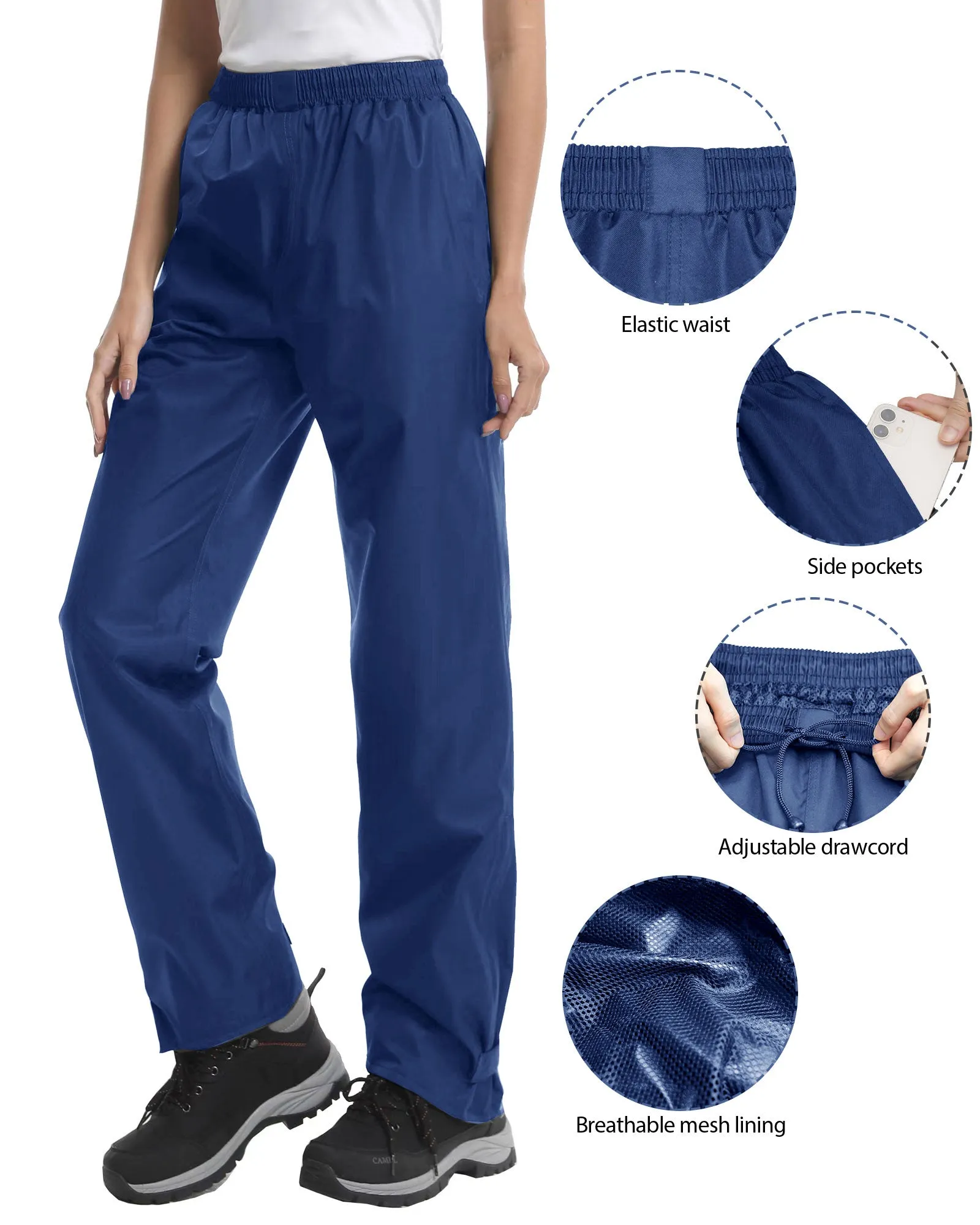 iCreek Women's Rain Pants Waterproof Hiking Pants Windproof Lightweight Over Pants Work Rain Outdoor for Golf, Fishing(Blue With Pocket)