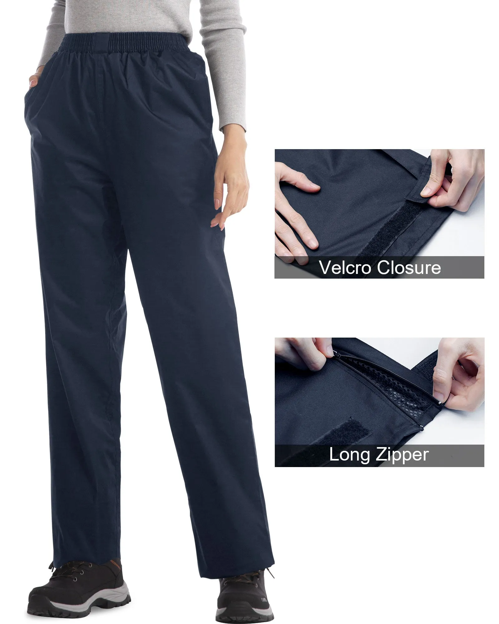 iCreek Women's Rain Pants Waterproof Hiking Pants Windproof Lightweight Over Pants Work Rain Outdoor for Golf, Fishing(Navy Blue With Zipper pocket)