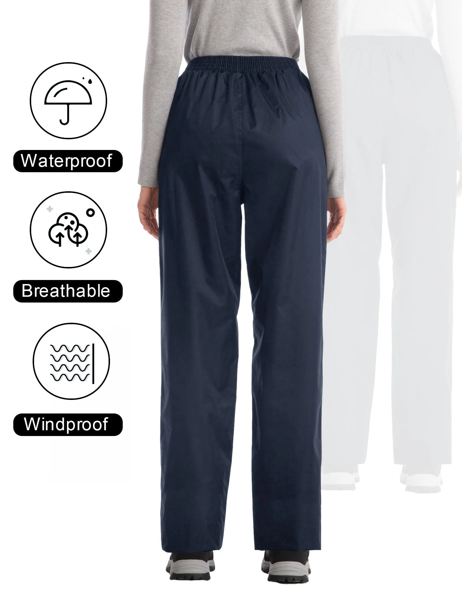 iCreek Women's Rain Pants Waterproof Hiking Pants Windproof Lightweight Over Pants Work Rain Outdoor for Golf, Fishing(Navy Blue With Zipper pocket)