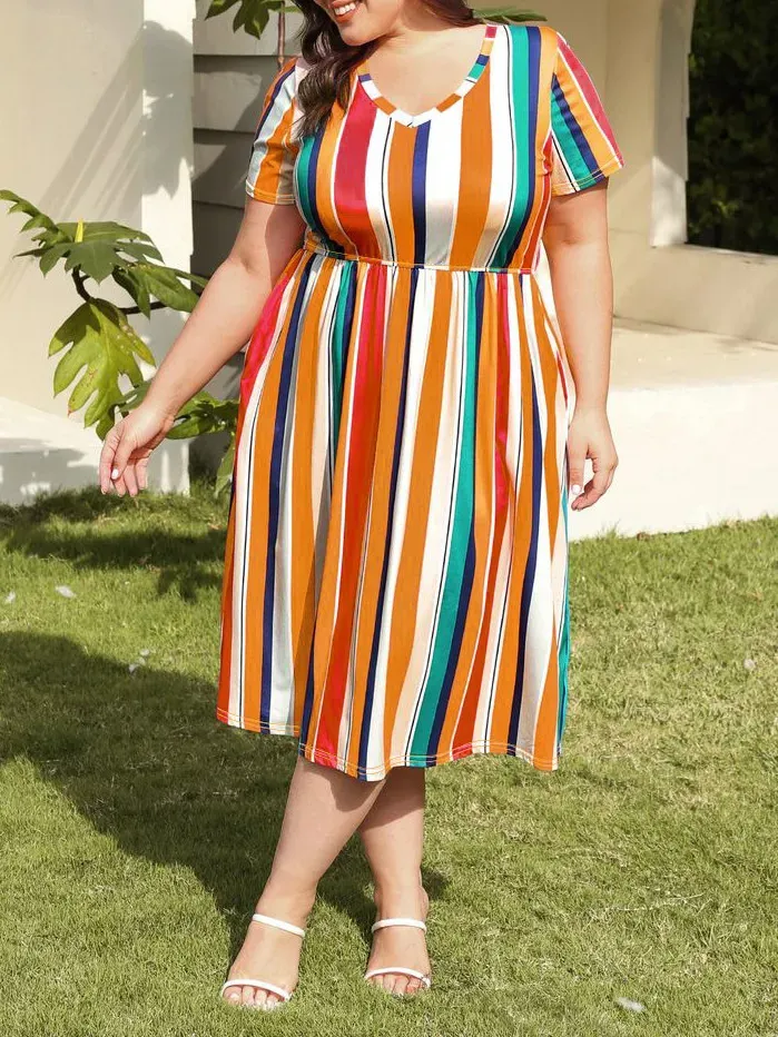 Ida Plus Size Striped V-Neck Empire Waist Midi Dress