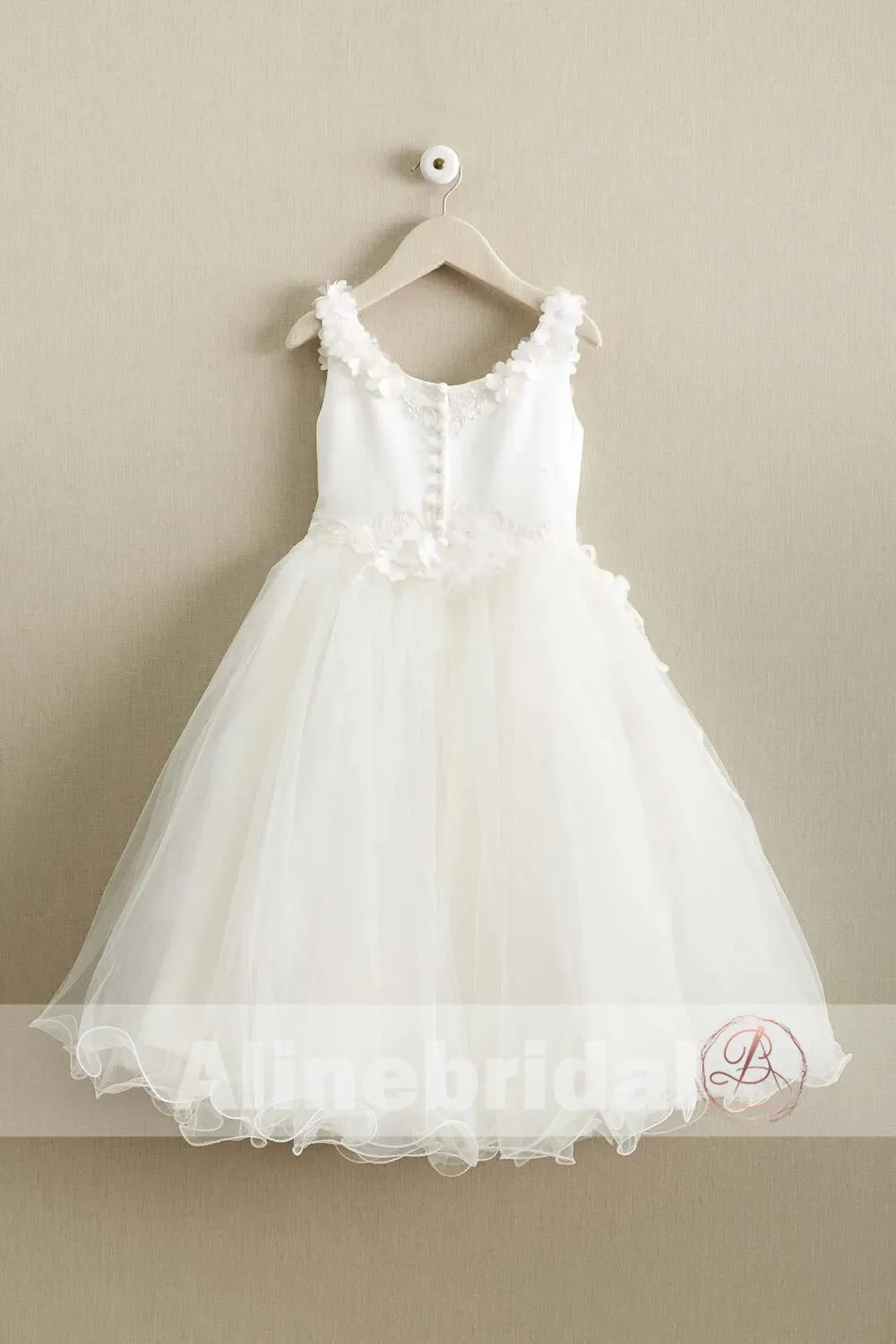 Ivory Applique Tulle Scoop Neck A-line Flower Girl Dresses, FGS097