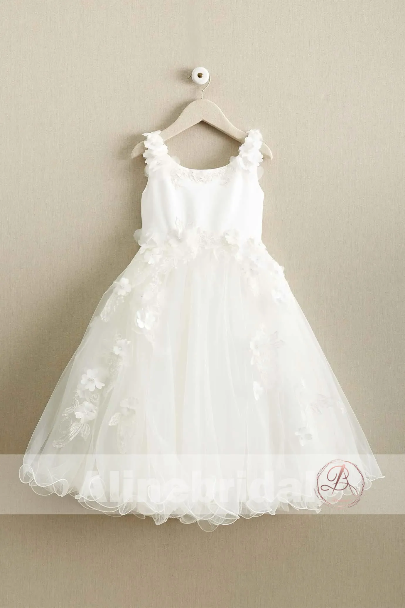 Ivory Applique Tulle Scoop Neck A-line Flower Girl Dresses, FGS097