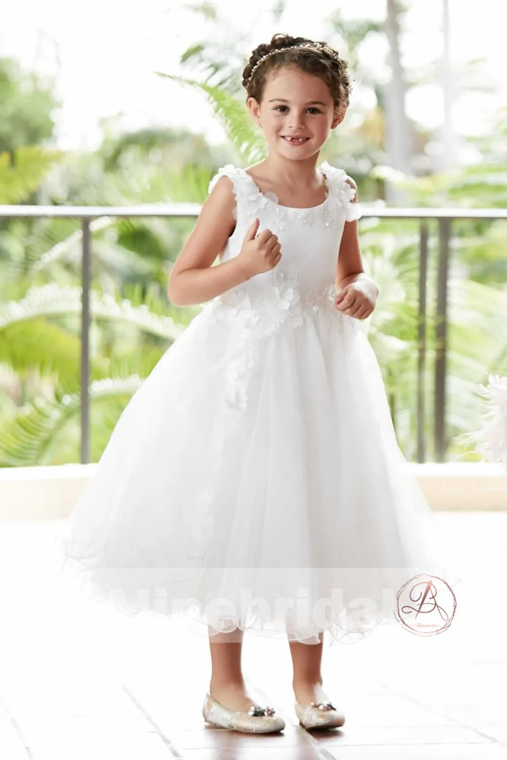 Ivory Applique Tulle Scoop Neck A-line Flower Girl Dresses, FGS097